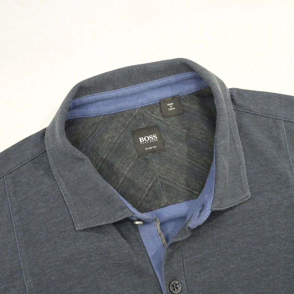Hugo Boss Button Up Mens XL Slim Fit Dark Blue Elbow Patch Cotton Shirt